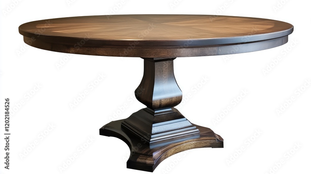 Poster round wooden dining table with intricate design and sturdy pedestal base on a white background copy 
