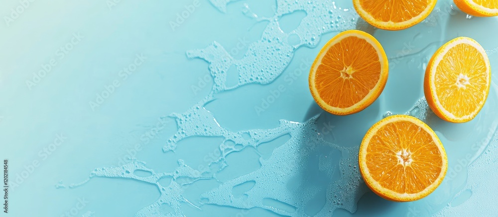Poster fresh orange slices on a blue background with water droplets and copy space for text