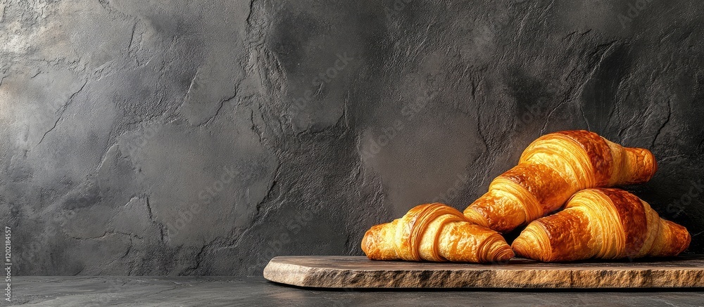Poster croissants stacked on wooden board against textured gray background with copy space for text