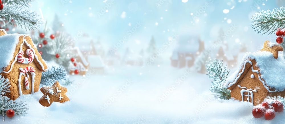 Poster Winter landscape with snow-covered gingerbread houses and pine trees, blurred background with bokeh effect and copy space for text