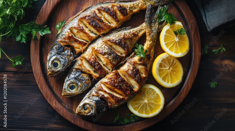 Poster grilled fish served on a wooden platter with lemon slices and parsley on a dark wooden background co