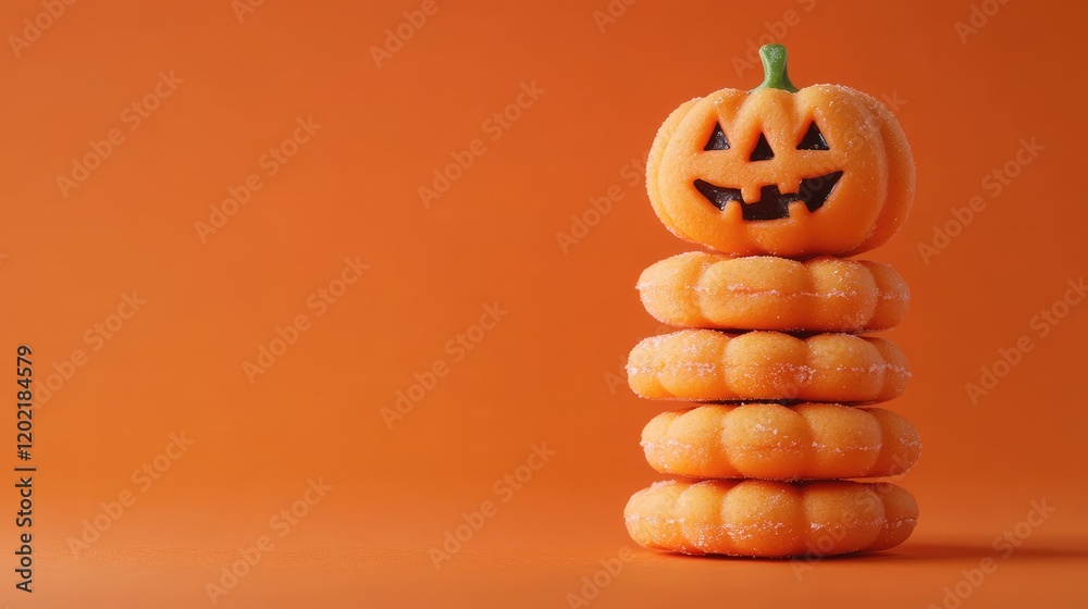 Poster stack of pumpkin-themed donuts with a carved jack-o-lantern on top against an orange background with