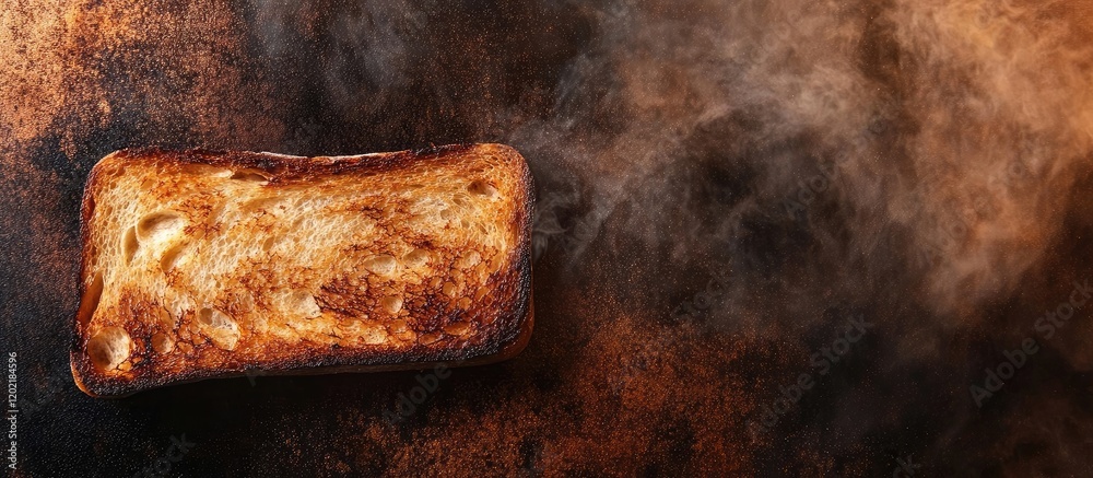 Poster freshly baked rustic bread on dark surface with smoke and copy space for text