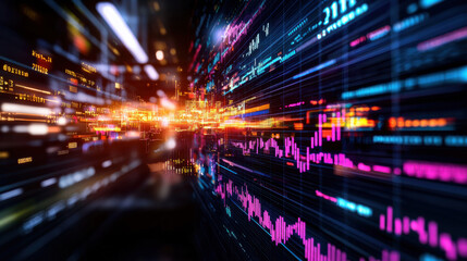 High resolution image of global financial markets with data visualization, graphs, and vibrant colors representing market trends and analytics