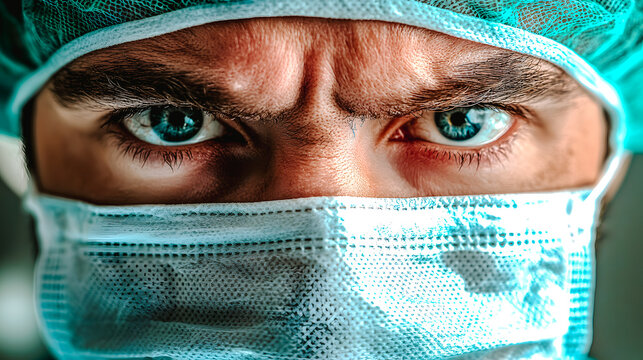 Visage de m&eacute;decin portant un masque chirurgical avec regard tr&egrave;s expressif