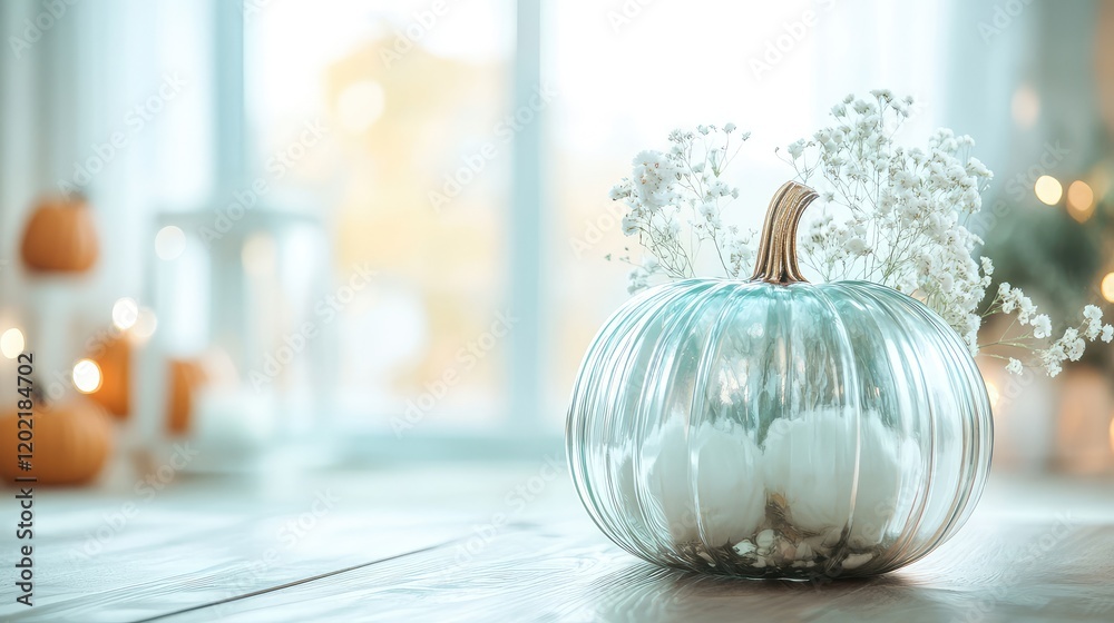 Poster glass pumpkin vase with autumn flowers and cotton displayed on wooden table in cozy indoor setting w
