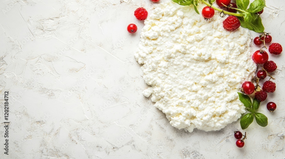 Poster fresh cottage cheese with red and black berries on textured white background with copy space