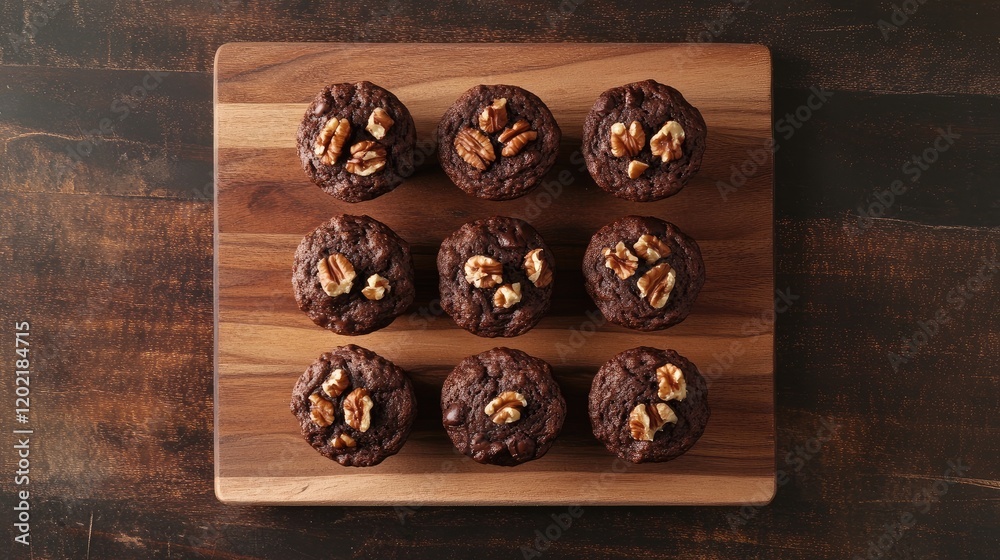 Poster chocolate muffins topped with nuts arranged on a wooden serving board with dark background and copy 