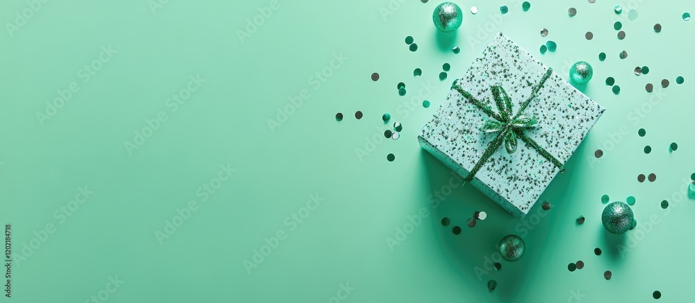 Poster gift box with green ribbon on mint green background with decorative elements and copy space for text