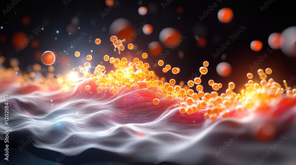 Poster vibrant abstract representation of nano biosensors interacting with particles, showcasing dynamic movement and energy. image captures essence of advanced technology in visually striking manner