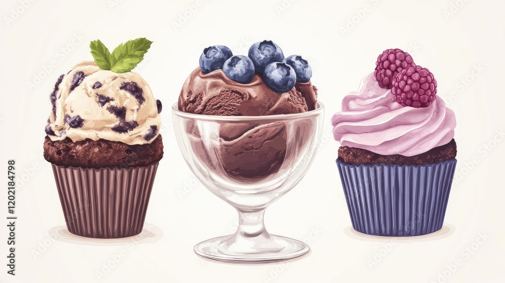 Poster colorful assortment of ice cream and cupcakes with blueberries and raspberries on a light background