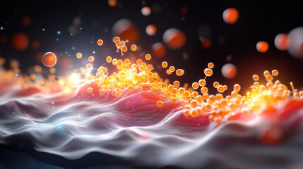 vibrant abstract representation of nano biosensors interacting with particles, showcasing dynamic movement and energy. image captures essence of advanced technology in visually striking manner