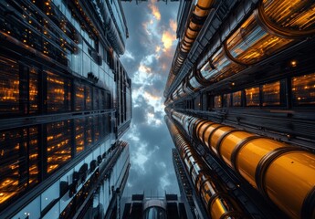 Fototapeta premium Stunning View of Modern Skyscrapers with Glass Facades and Glowing Pipes Beneath Dramatic Cloudy Sky in Urban Cityscape Architecture