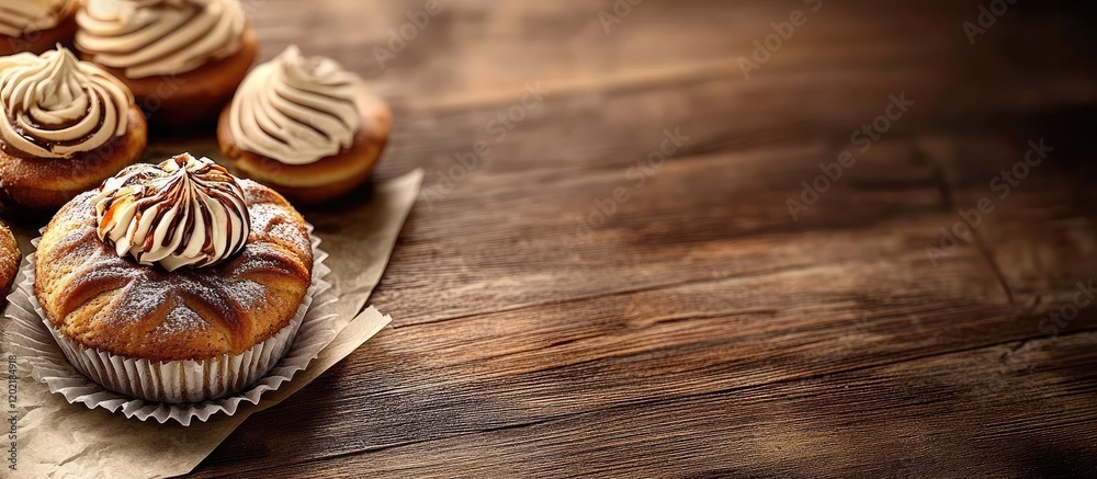 Poster Delicious gourmet cupcakes with creamy frosting arranged on rustic wooden background with Copy Space for text placement