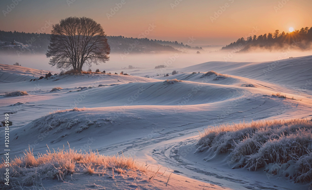 Aufkleber a snowy field with a tree in the foreground. the sky is orange and the sun is setting