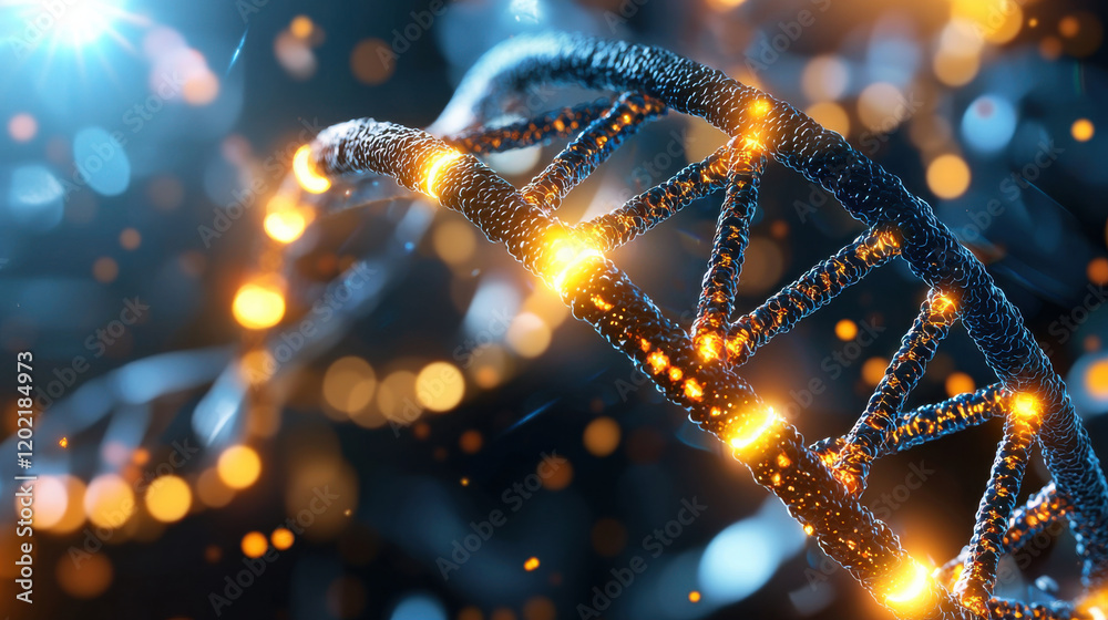 Poster vibrant representation of dna double helix with glowing elements, symbolizing genetic research and i
