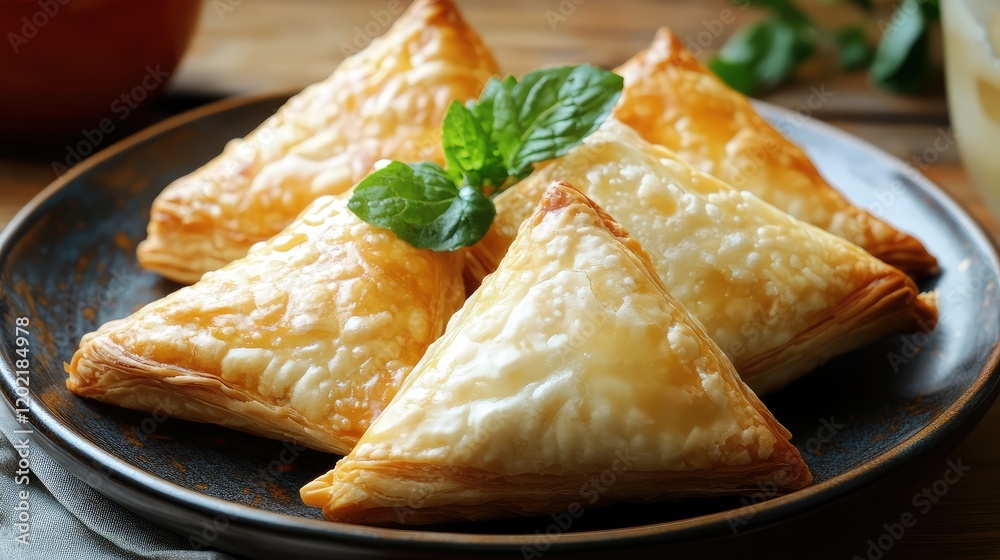 Aufkleber golden-brown triangular pastries on a dark plate with mint leaves and wood texture in the background