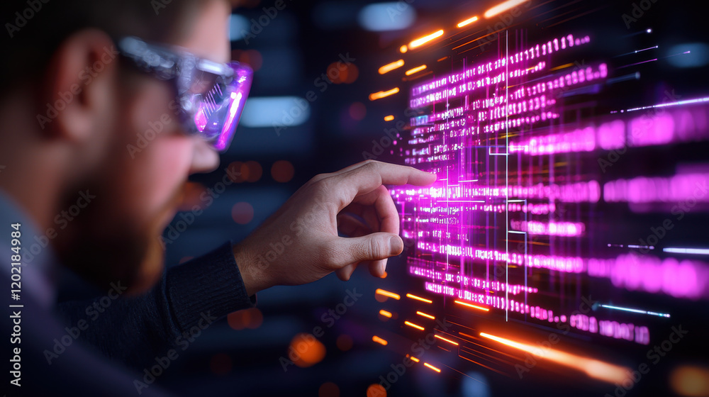 Poster scientist interacting with digital data on futuristic interface, showcasing technology and innovation. vibrant colors and dynamic visuals create engaging atmosphere