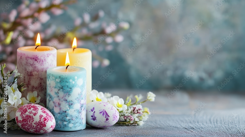 Poster colorful decorative candles with easter eggs and flowers on a wooden table with copy space for text 