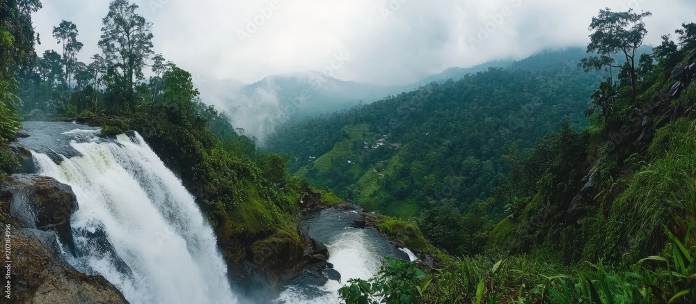 Poster lush green landscape with a cascading waterfall surrounded by mountains and misty clouds copy space