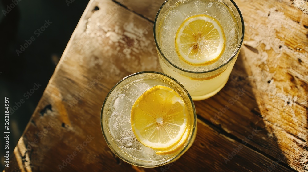 Poster Two glasses of lemonade with lemon slices on a rustic wooden table with ice cubes Copy Space