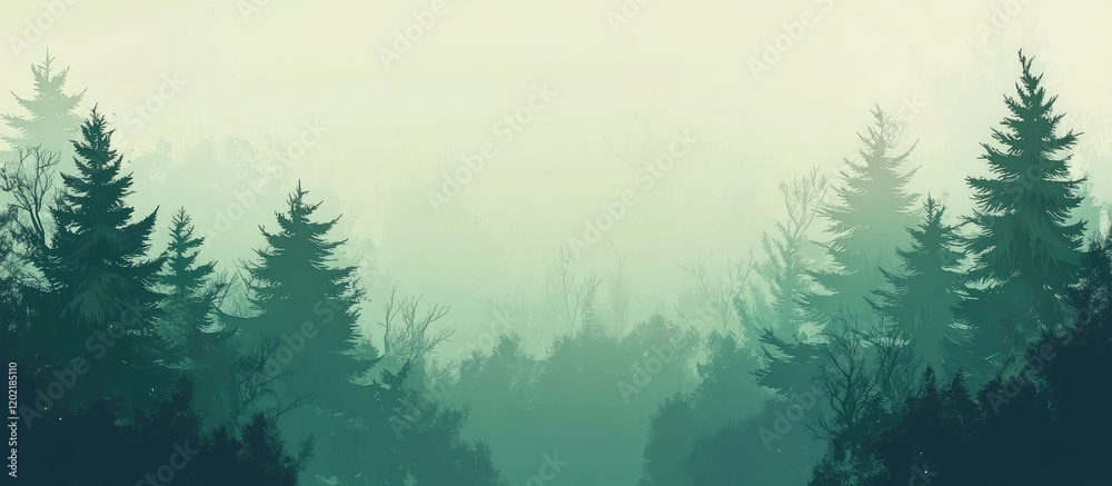 Poster mist-covered forest landscape with tall evergreen trees in silhouette against a soft green backgroun
