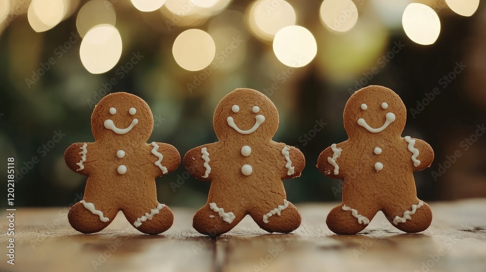 Poster gingerbread cookies with icing decorations arranged in a row on a rustic wooden table with blurred f