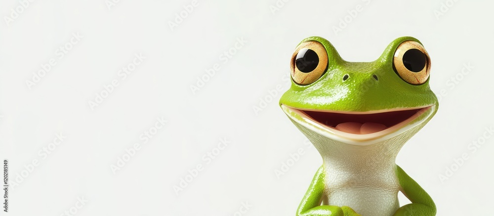 Poster Green frog with large eyes and a playful expression on a light background with Copy Space for text placement