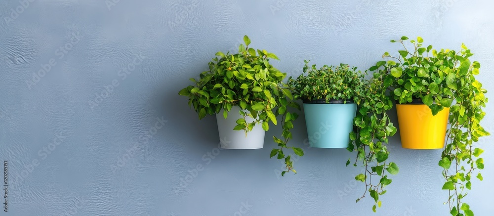 Poster three potted plants with greenery hanging over colorful pots on a gray wall with copy space for text