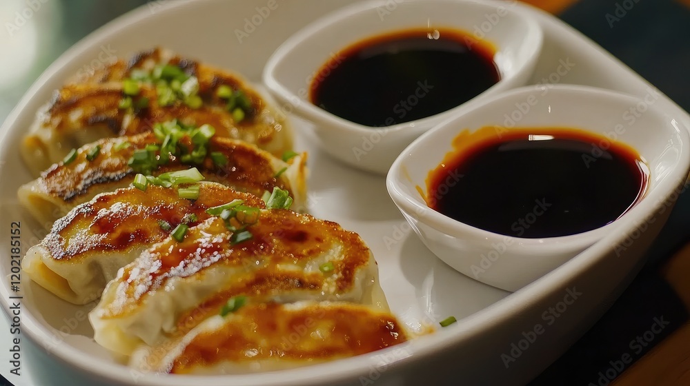 Poster pan-fried dumplings served with soy sauce in a white dish on a wooden table with green onions garnis