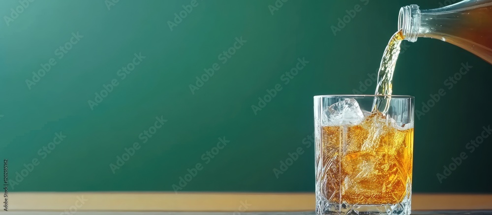 Aufkleber pouring beverage into a glass filled with ice cubes with green background and copy space for text