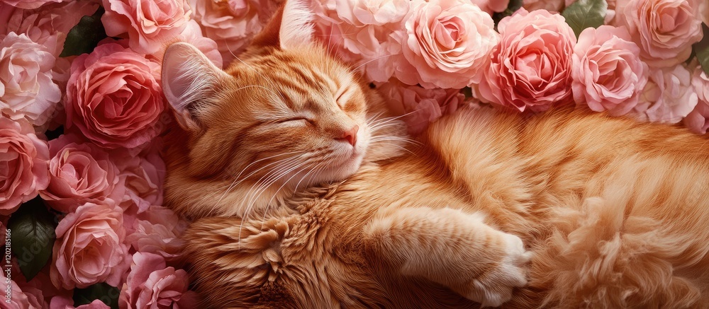Poster ginger cat sleeping peacefully among pink roses with soft focus background and ample copy space for 