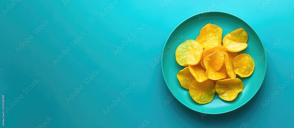 Poster yellow potato chips in a turquoise plate on a solid turquoise background with ample copy space for t
