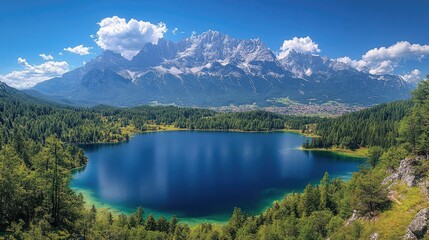 Obraz premium Panoramic View of Julian Alps and Mangart Peak with Fusine Lake Reflecting Summer Colors