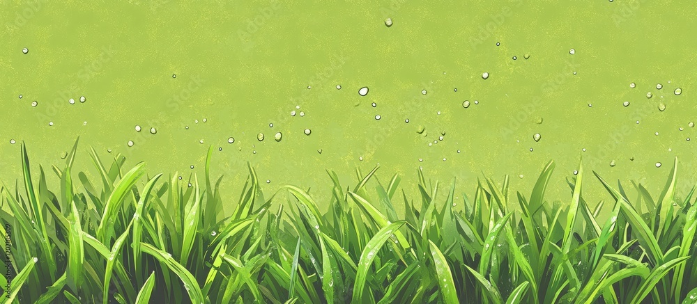 Poster Fresh green grass with dew drops on blades against a vibrant green background with ample copy space at the top for text insertion