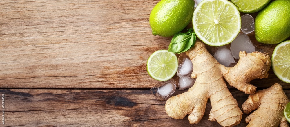 Poster Fresh ginger root and lime slices on wooden surface with ice and copy space for text