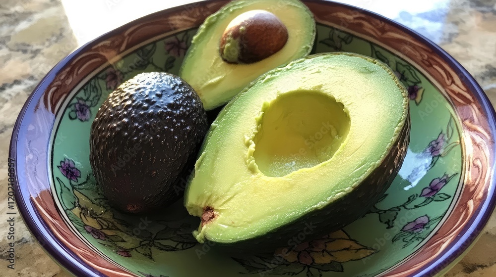 Poster fresh avocados presented in a decorative bowl with a focus on halved and whole fruits with visible t