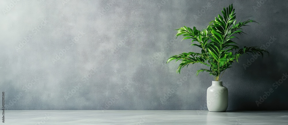 Poster indoor plant in a white vase on a gray textured background with copy space for text or design elemen