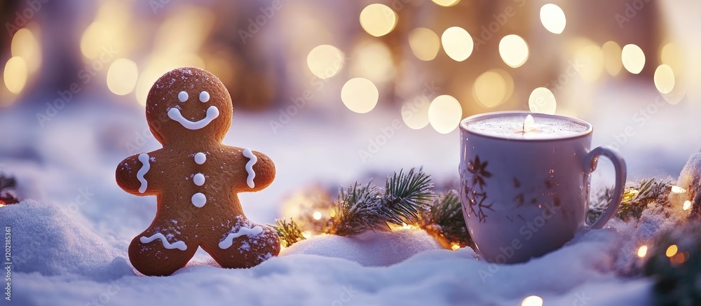 Poster gingerbread cookie decoration beside a candle in a festive winter setting with bokeh lights and snow