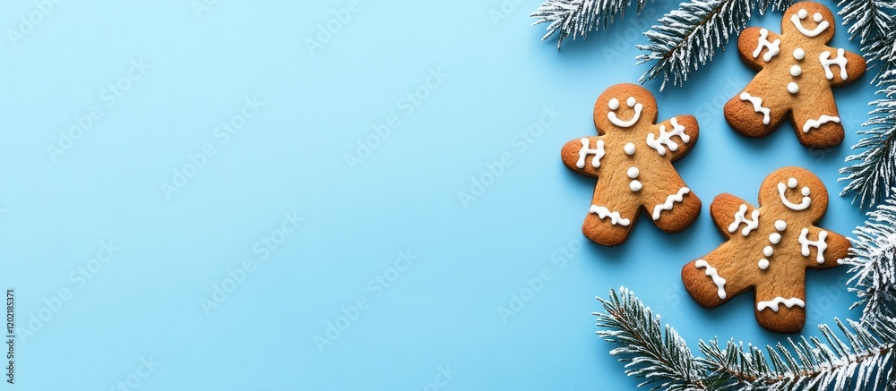 Poster gingerbread cookies on blue background with pine branches and copy space for holiday themes and deco