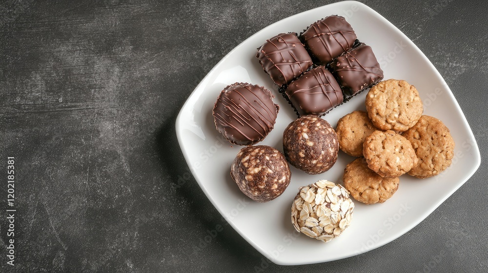 Poster assorted chocolate and oatmeal cookies on a white plate with dark background copy space