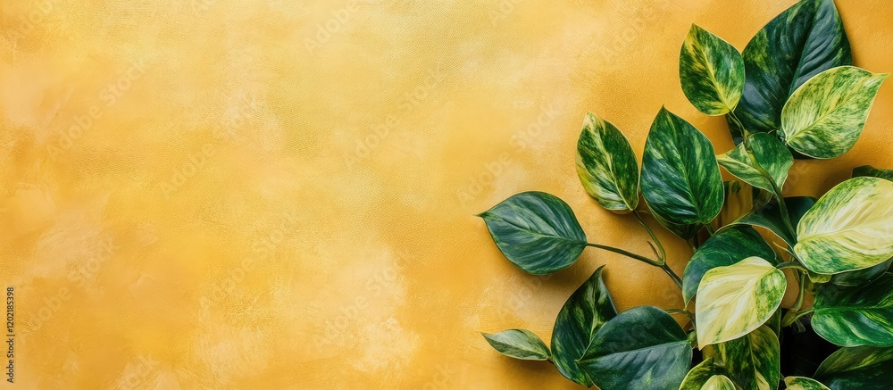 Poster green leaves on a yellow textured background with copy space for text placement.