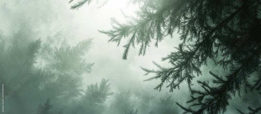 Fototapete misty forest canopy with soft light filtering through trees and copy space for text
