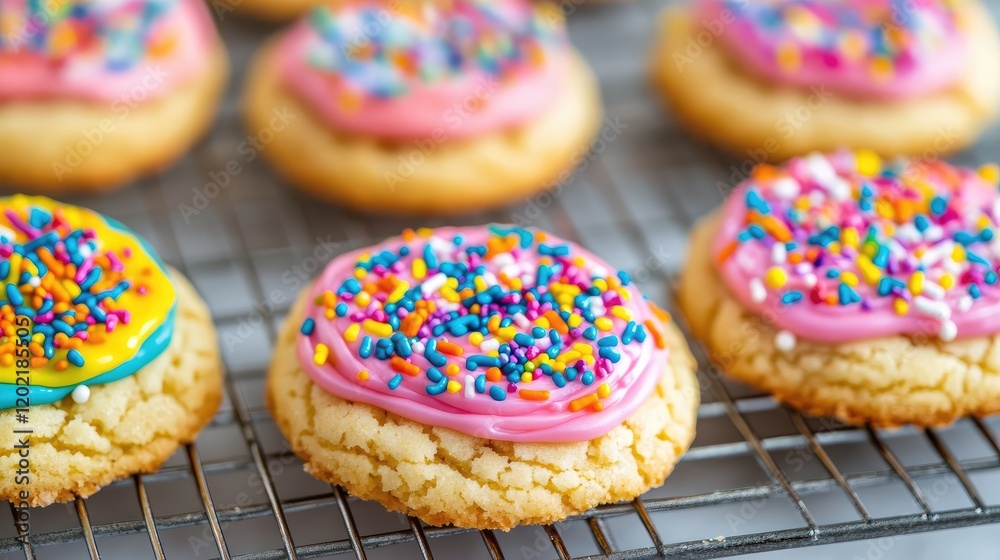 Poster colorful frosted sugar cookies with rainbow sprinkles displayed on a cooling rack against a blurred 