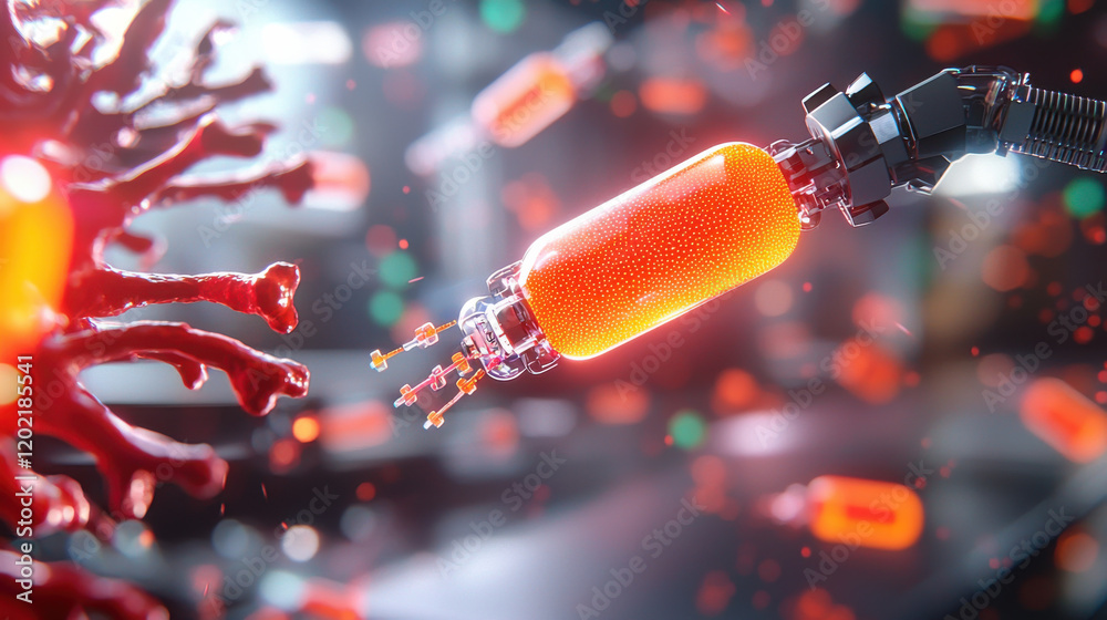 Leinwandbilder nanobot interacting with virus, showcasing advanced technology vibrant, futuristic setting. image highlights intricate details of both nanobot and virus, emphasizing innovation and scientific