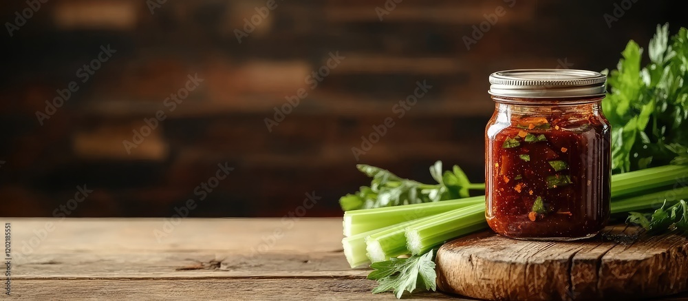 Poster glass jar of homemade red sauce with fresh celery on a wooden cutting board with a rustic background