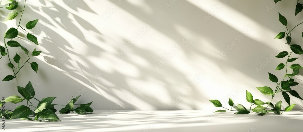 Aufkleber Green leafy vines casting shadows on a plain wall with ample copy space for text insertion.