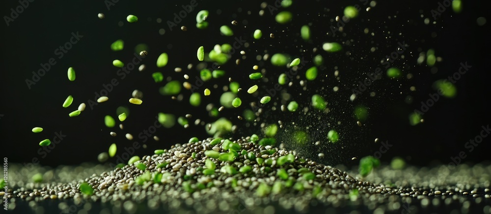 Poster green seeds or legumes scattering over a dark background with copy space for text placement.
