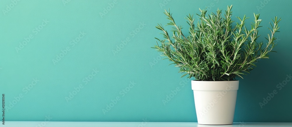 Poster potted herb plant on a teal wall background with ample copy space for text placement