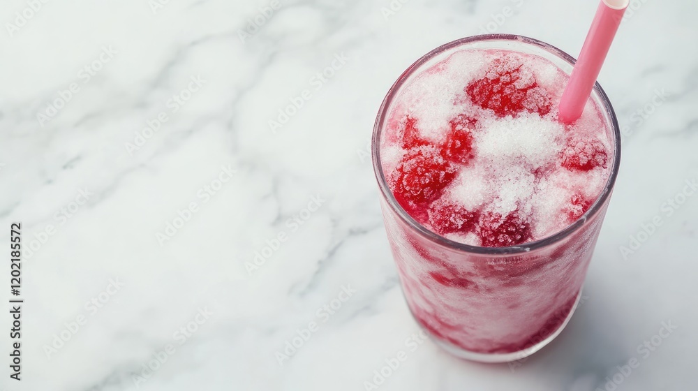 Poster Refreshing raspberry soda in a glass with pink straw on a marble surface with copy space for text.